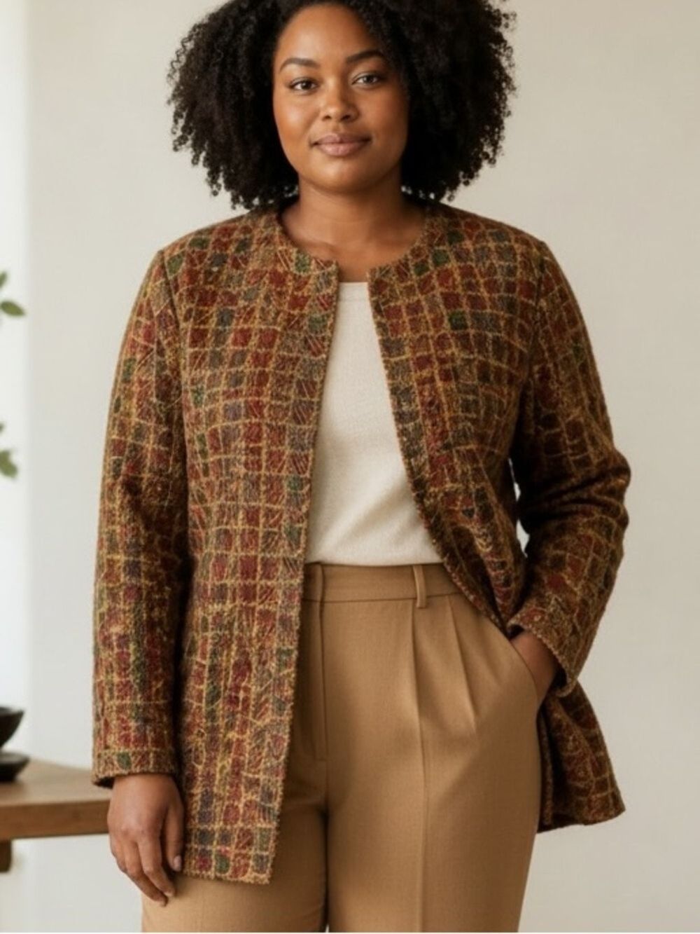 90s BROWNSTONE STUDI0 TWEED BLAZER W WINDOW PANE WEAVE COLLARLESS PLUS SZ 22W